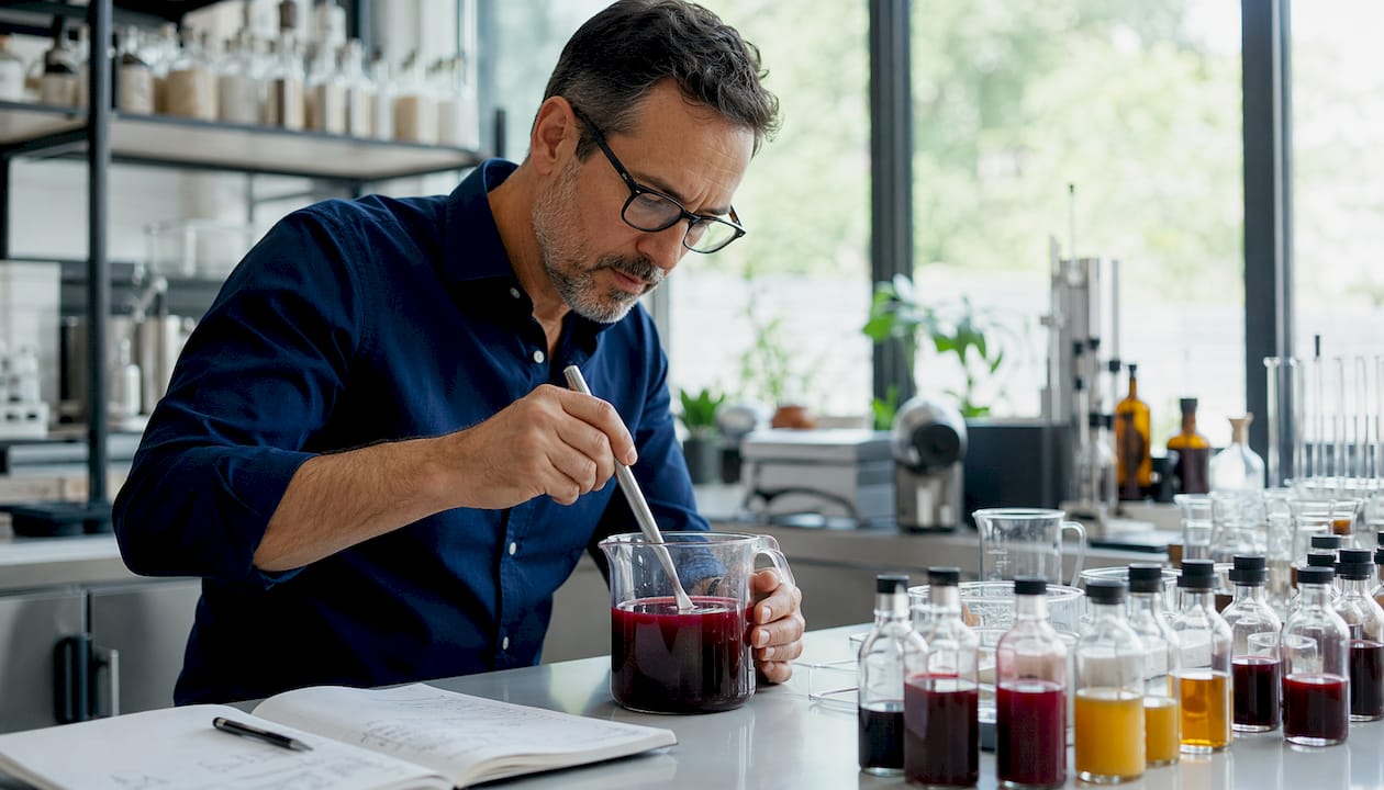 Hands mixing fruit extracts in kitchen