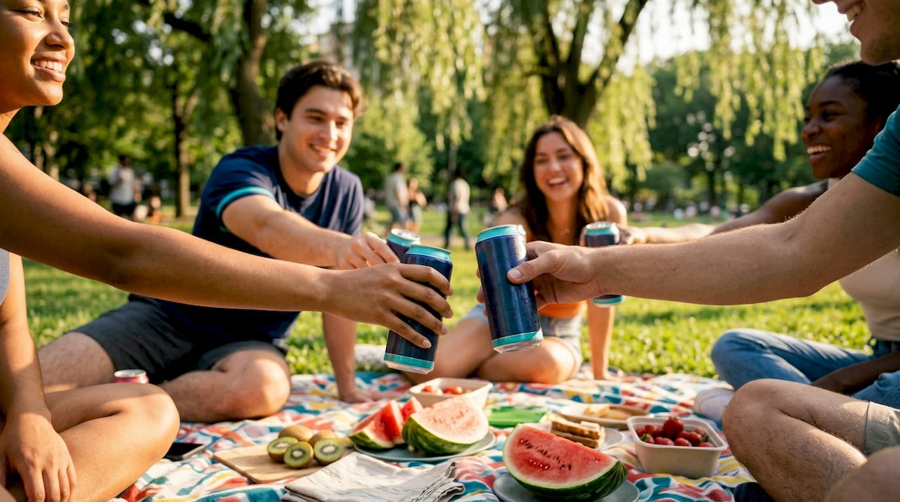 Friends enjoying sparkling fruit drinks outdoors