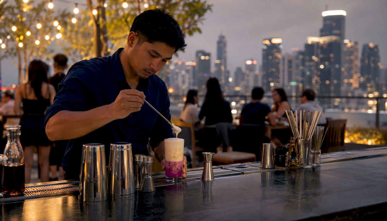 Bartender layering visually appealing viral drink