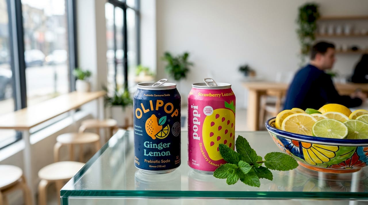 Two prebiotic soda cans on rustic café table