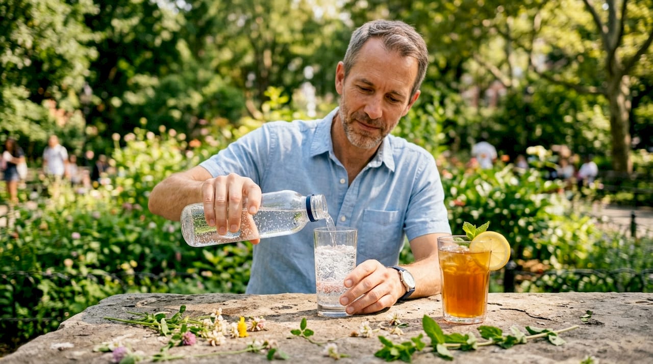 Man pouring sparkling water outdoors with iced tea served