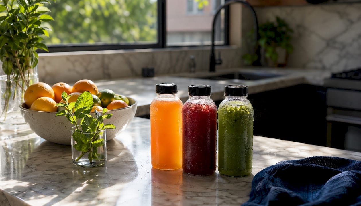 Assorted colorful phytonutrient beverages on table