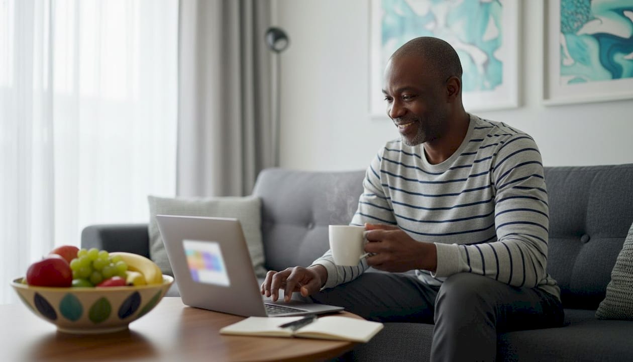 Man browsing dye-free fizzy drinks online at home desk