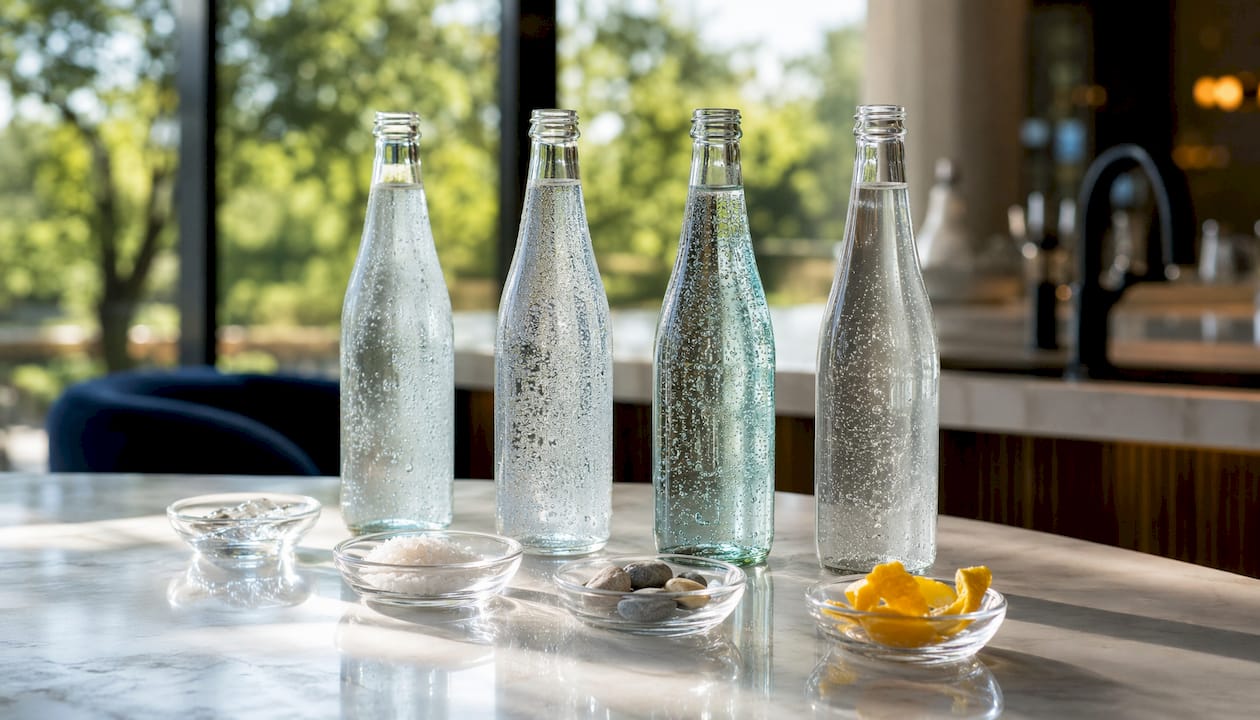 Four sparkling water types with ingredients