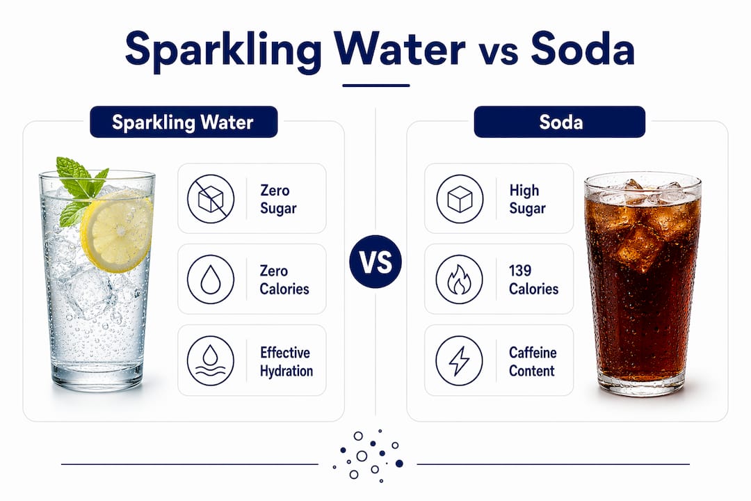 Infographic comparing sparkling water and soda health attributes