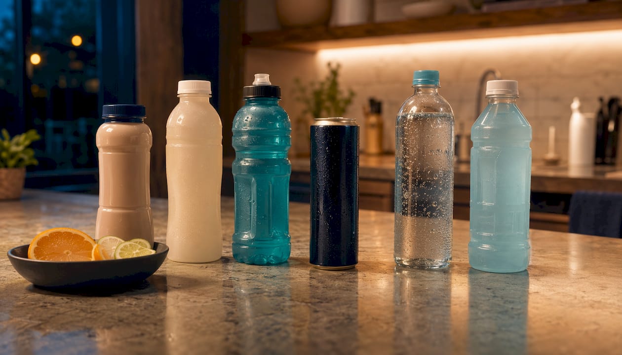 Variety of six nutrition beverage types on table