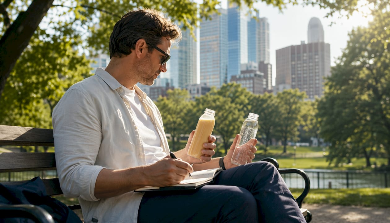 Man comparing nutrition beverages at café table outdoors