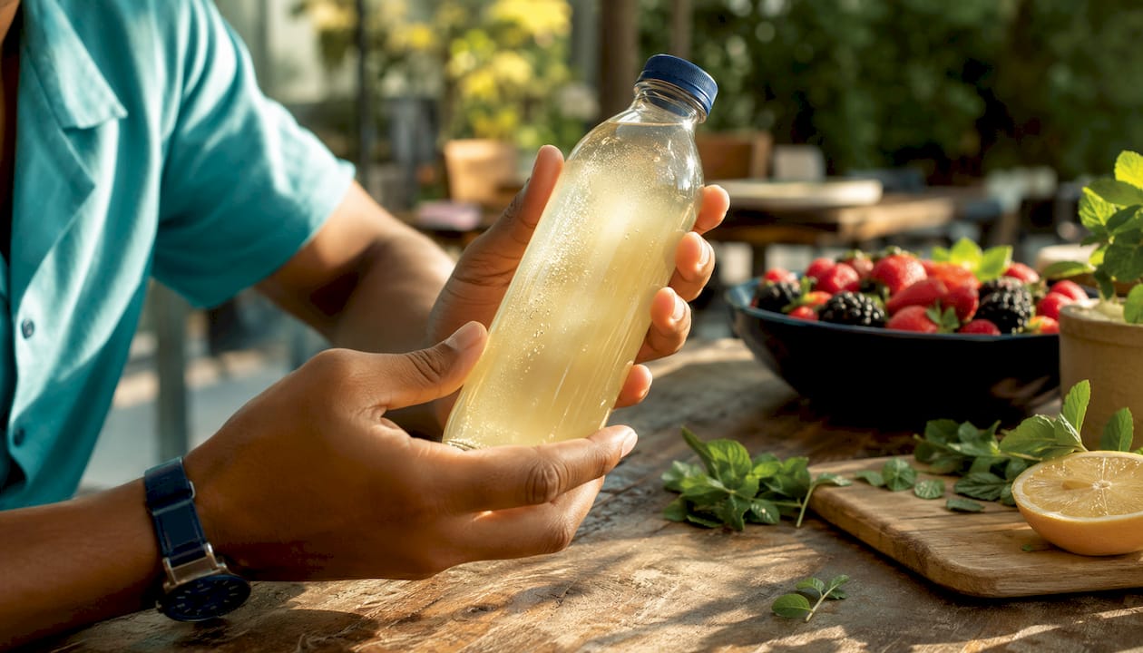 Close-up hands holding vitamin enhanced water bottle