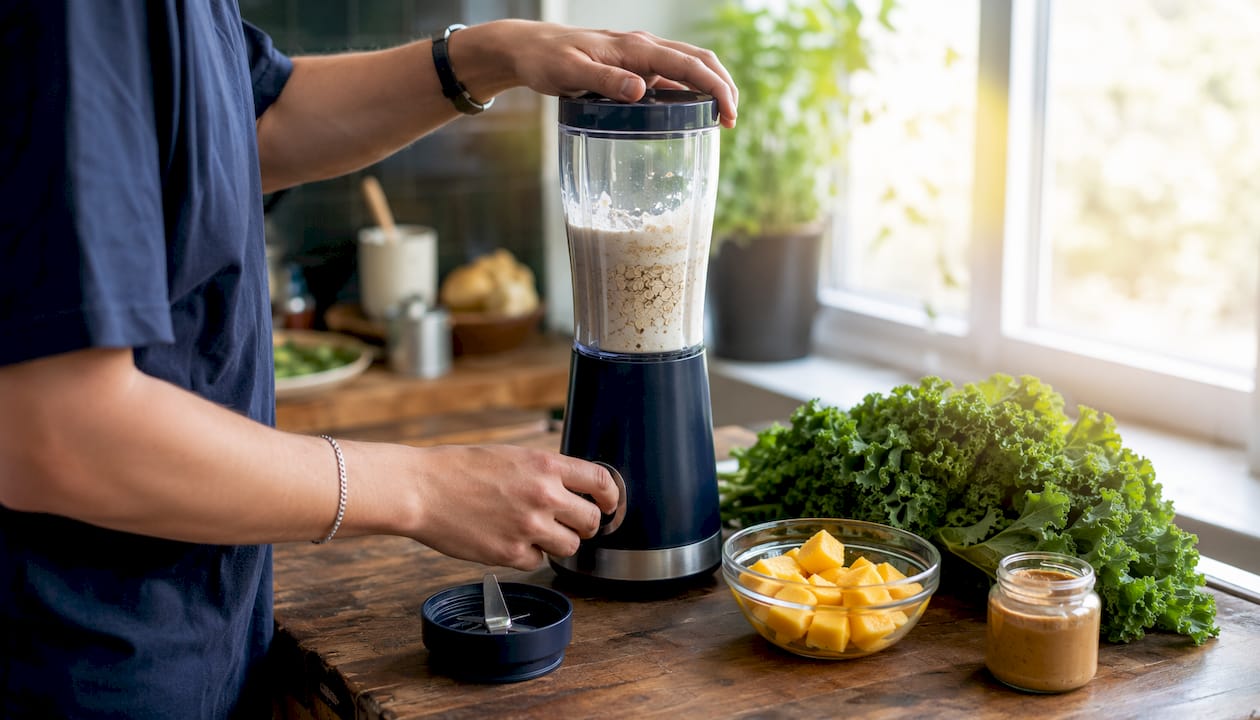 Hands blending oats and liquids for smoothie