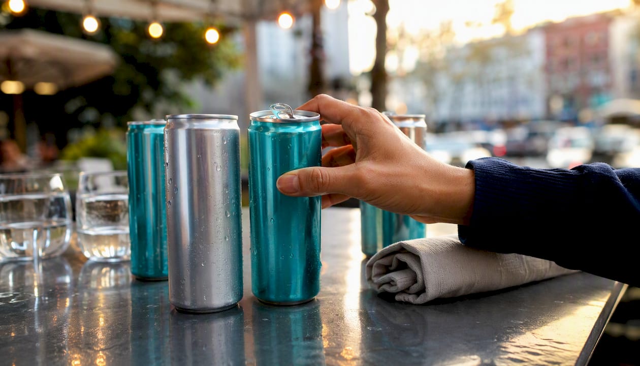 Close-up of sparkling mineral water cans on picnic table