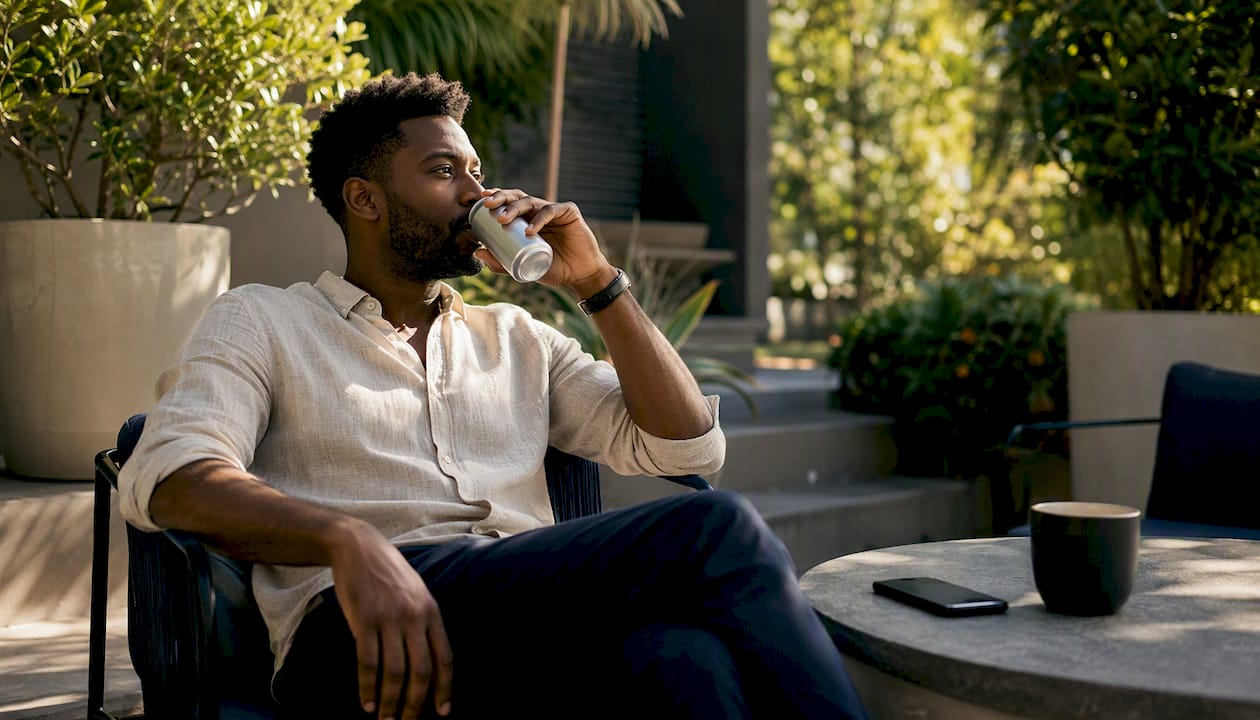 Man enjoying canned unsweetened iced tea at outdoor café