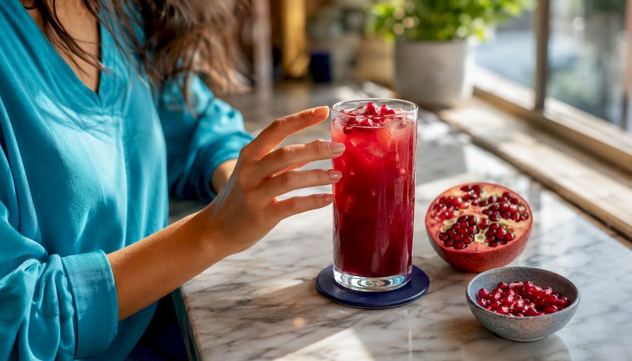 Fresh pomegranate juice with seeds on outdoor table