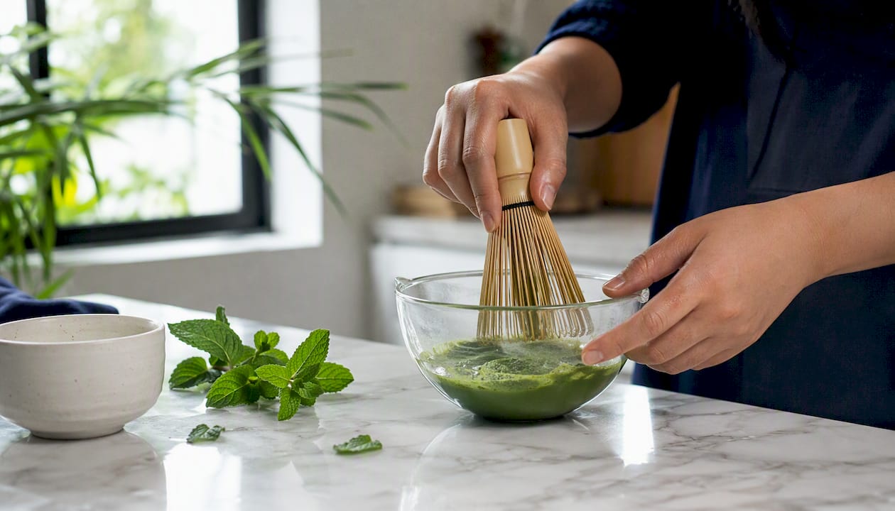 Hands brewing green tea and matcha in glass teapot