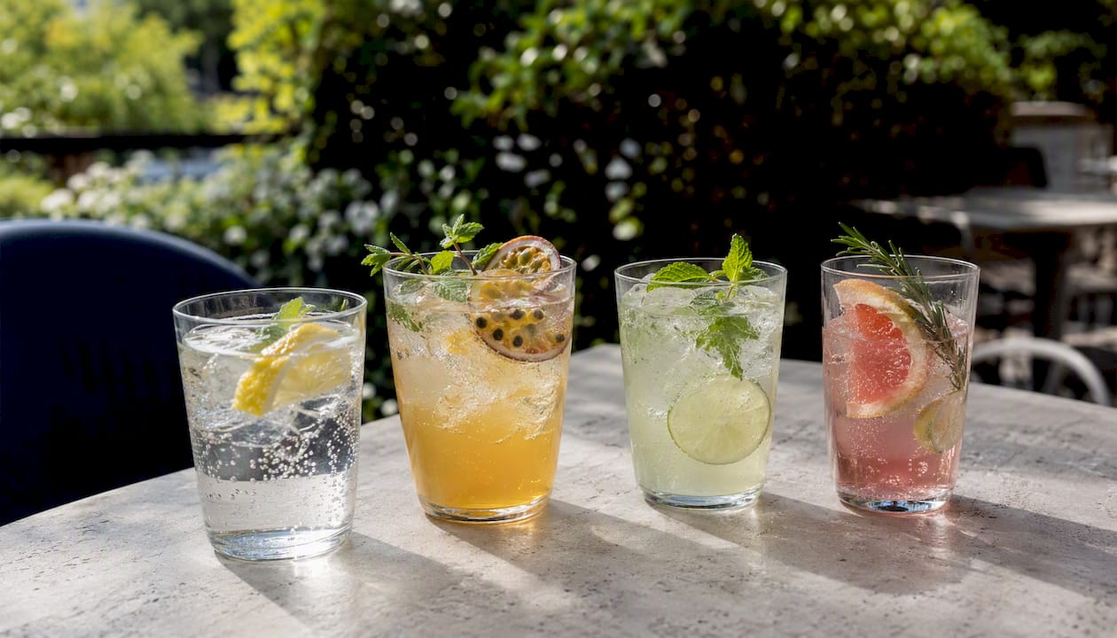 Various types of low-sugar sparkling drinks in glasses