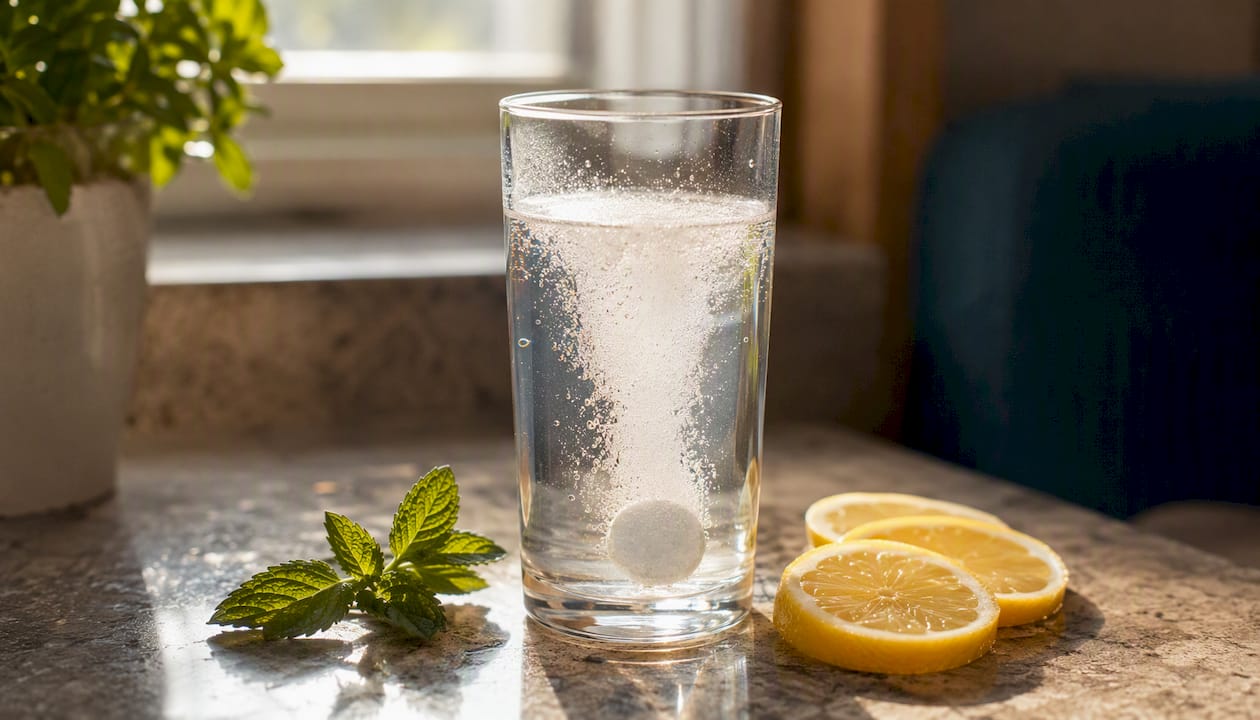 Close-up of electrolyte drink tablets dissolving