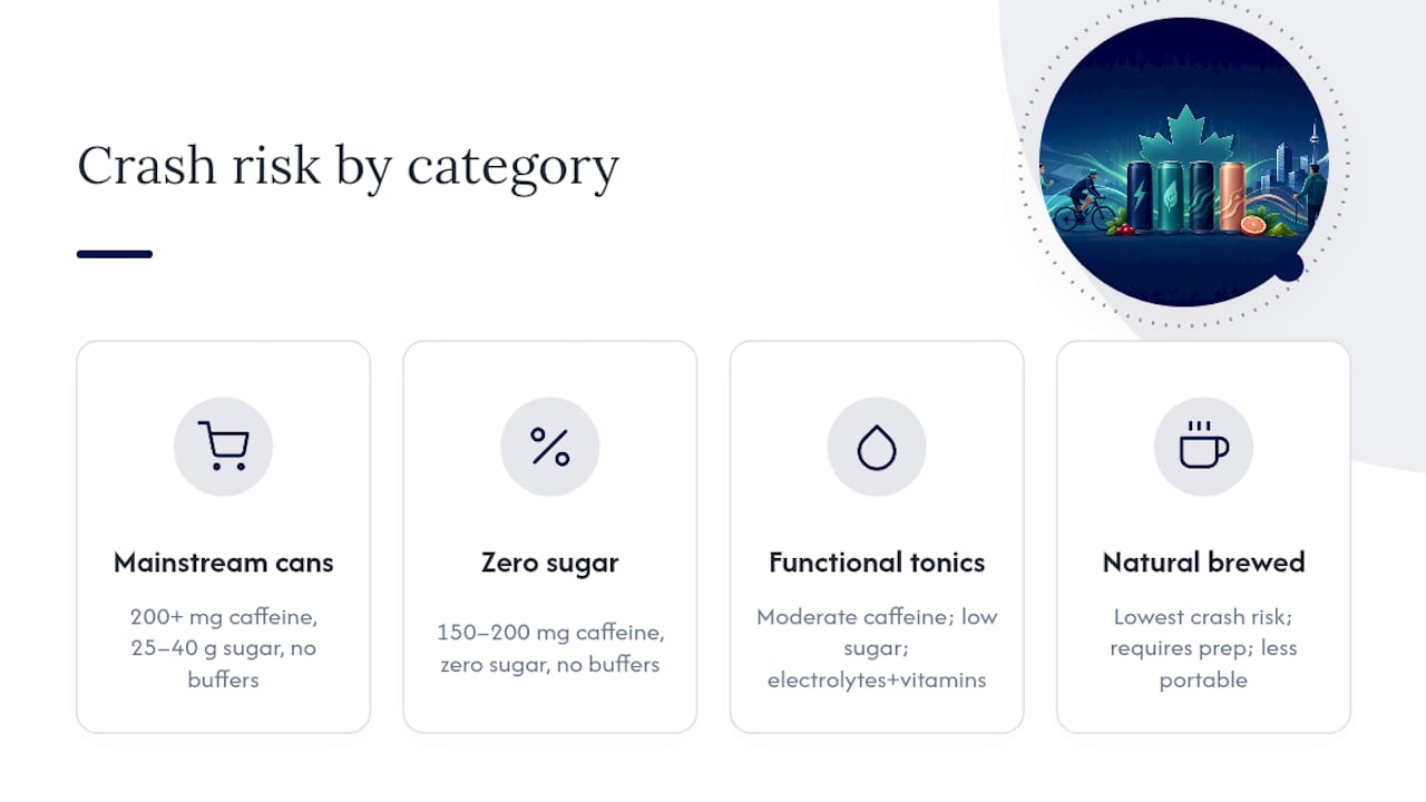 Diagram comparing Canadian energy drink types on crash risk and ingredients