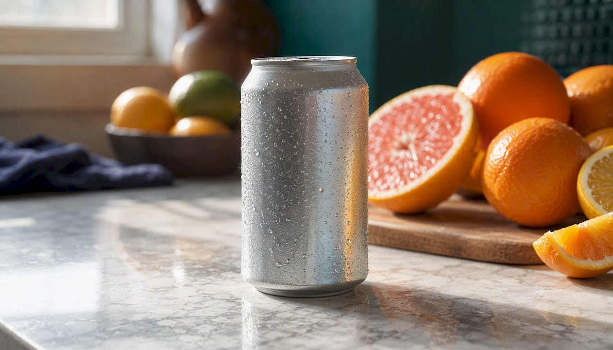 Cold citrus sparkling water can with condensation