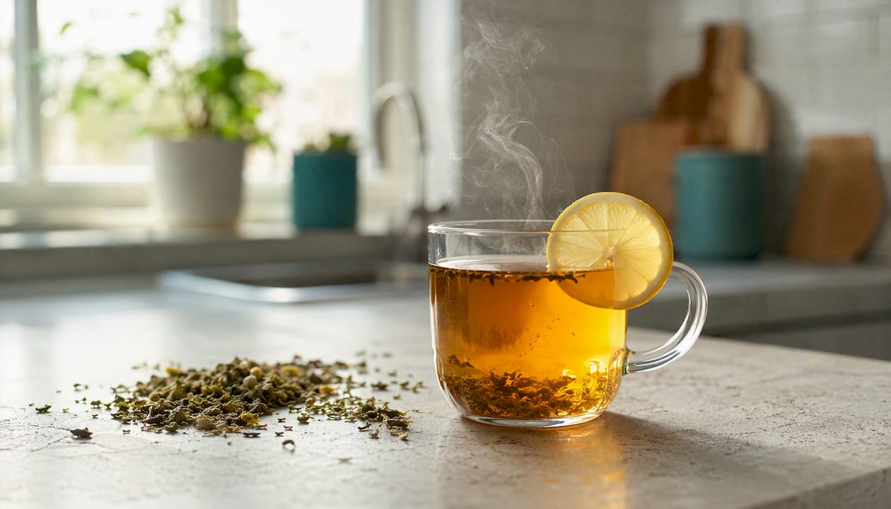 Glass mug with steaming herbal tea and lemon slice