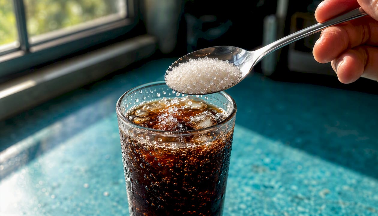 Teaspoon of sugar above glass of soda