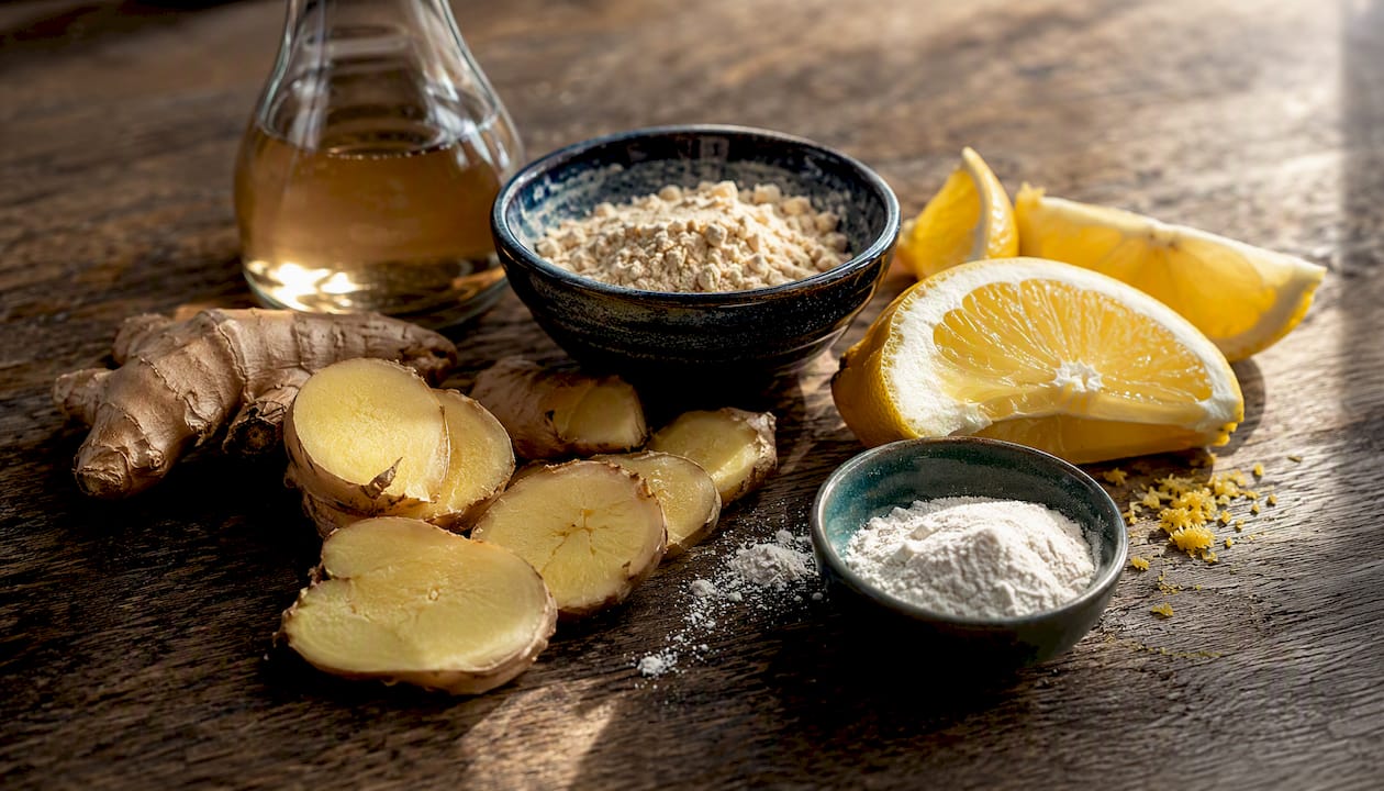 Close-up of fresh and dried probiotic drink ingredients