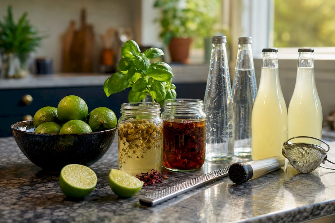 Pantry shelf with mocktail ingredients and tools