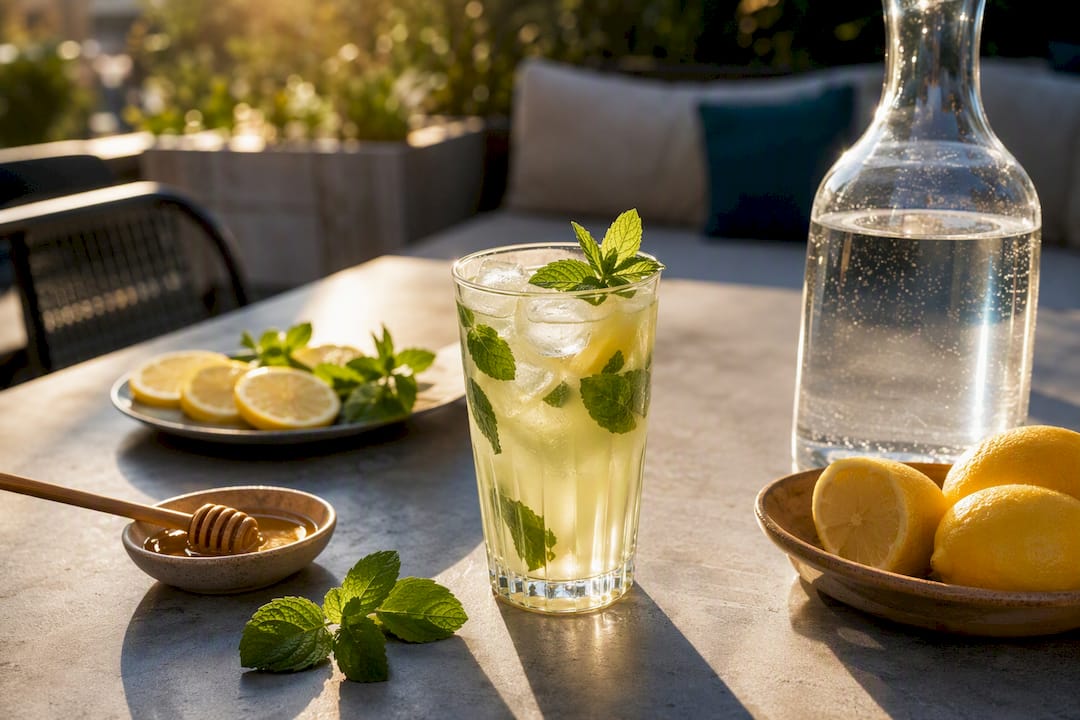 Glass of mint lemonade with fresh lemons and mint