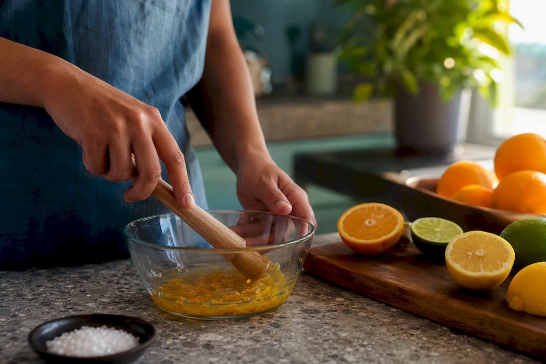 Hands muddling citrus zest and sugar for infusion