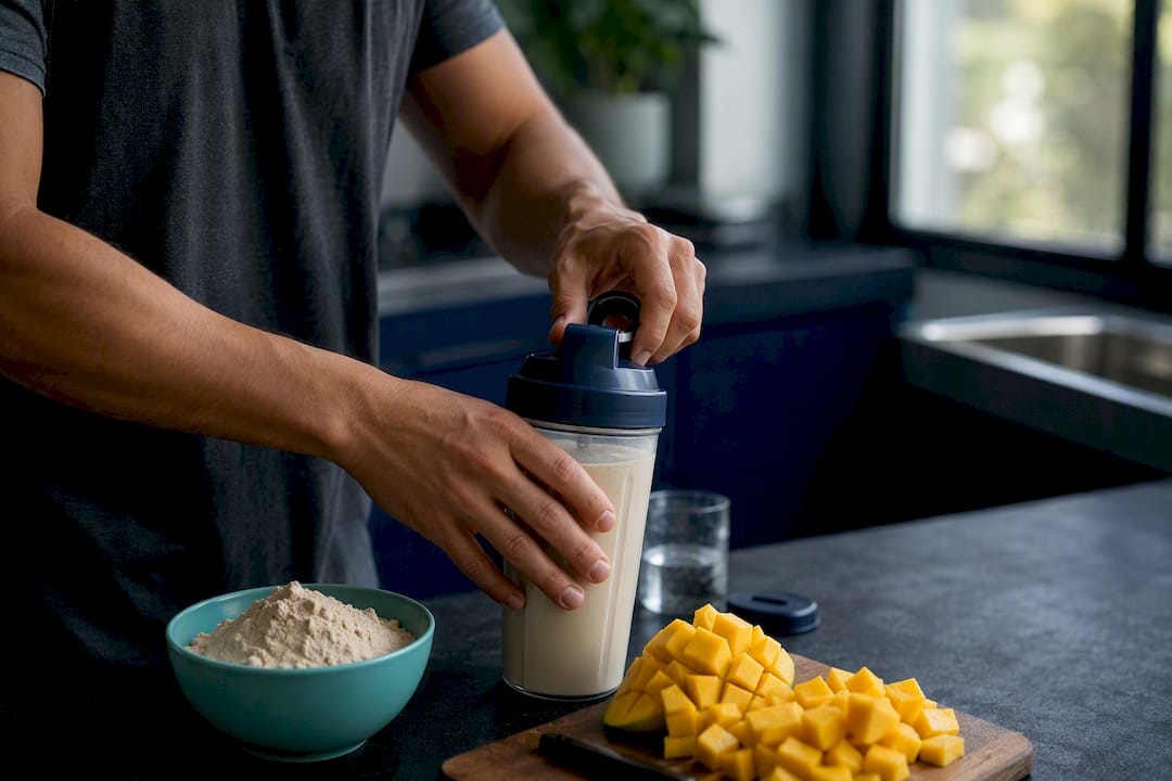 Hands preparing protein carbohydrate recovery drink