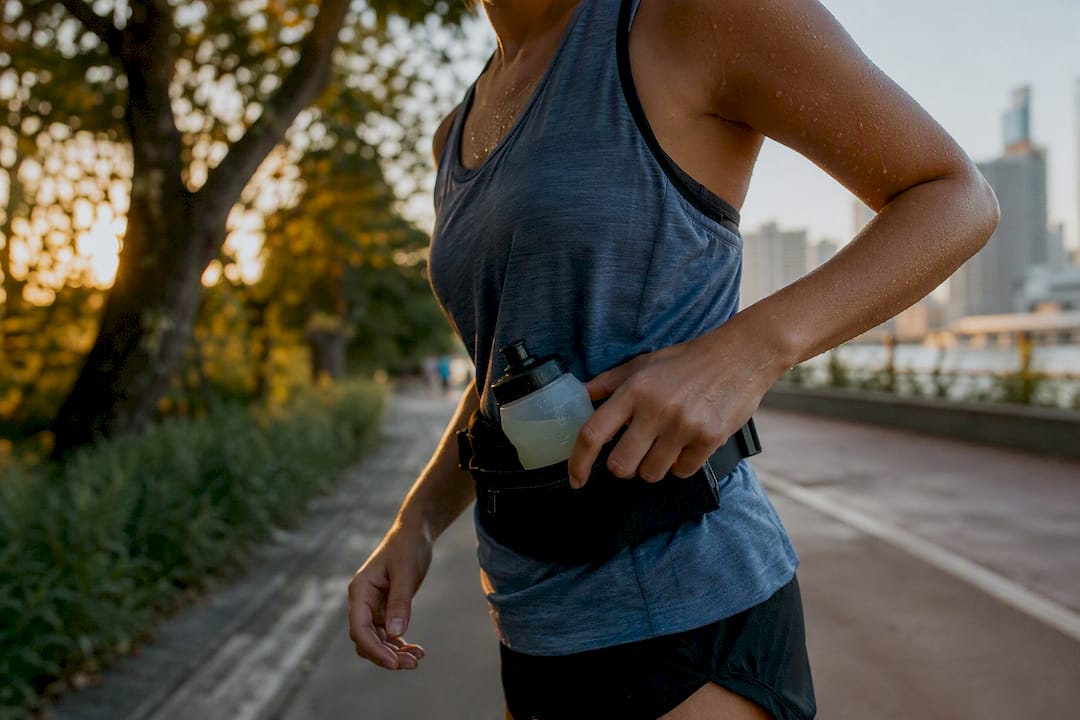 Athlete grabbing electrolyte drink during workout
