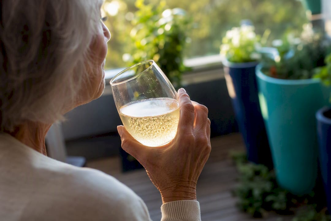 Older adult holding vitamin drink glass