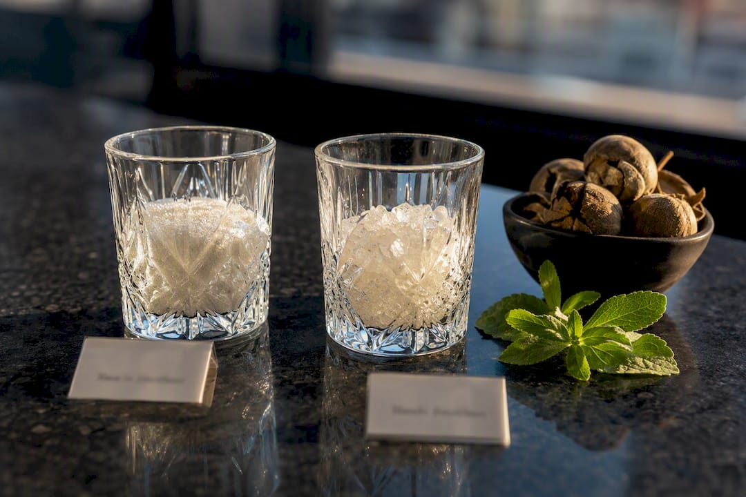 Monk fruit and stevia sweetener comparison on a table