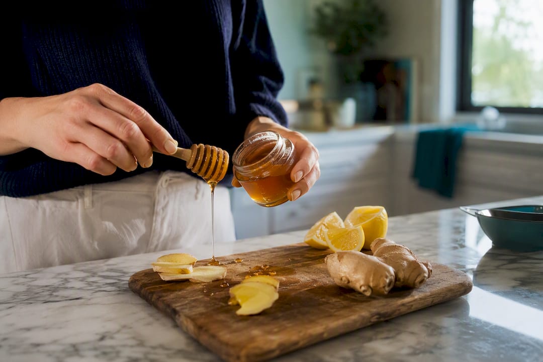 Hands adding natural sweetener beside lemon and ginger