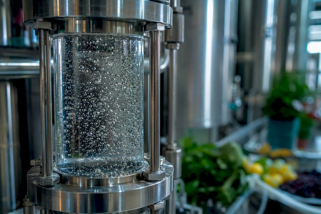 Close-up of carbonated water infusion in production line