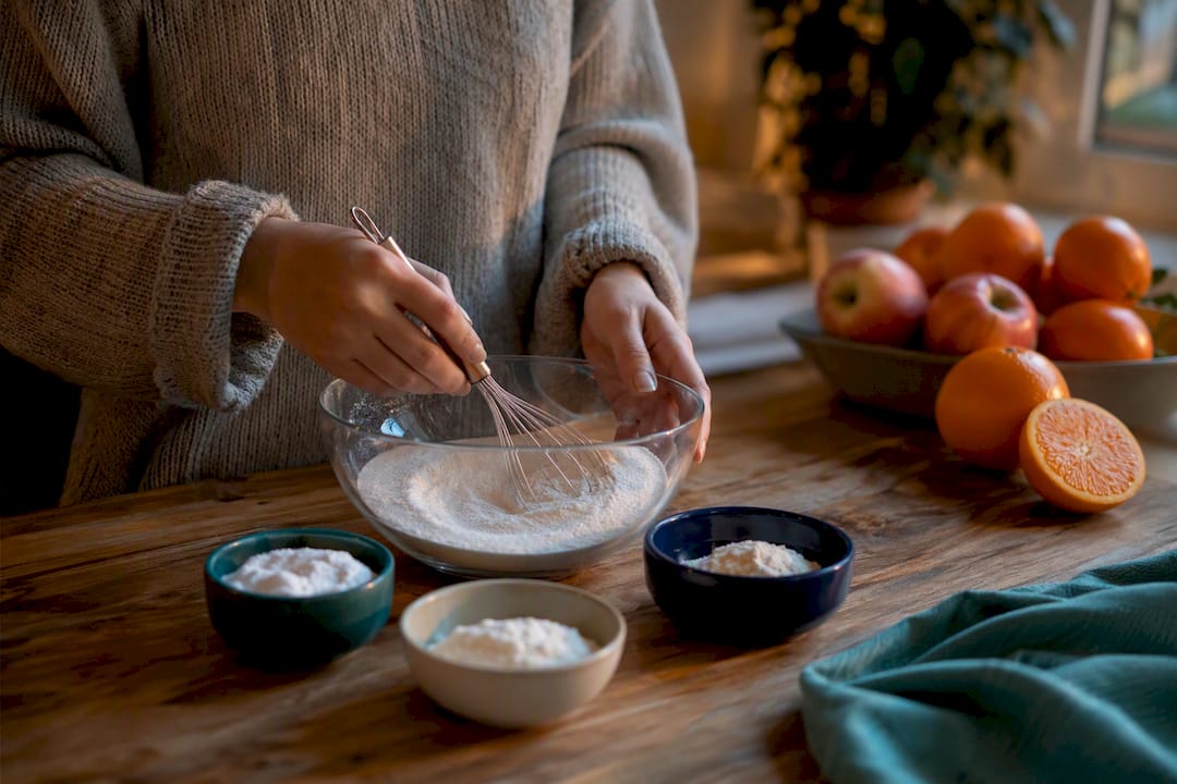 Hands mixing different fibre powders in kitchen