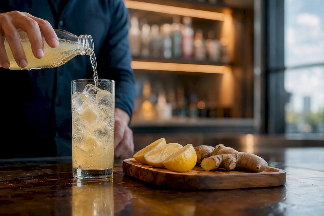 Pouring lemon-ginger sparkling tonic into glass