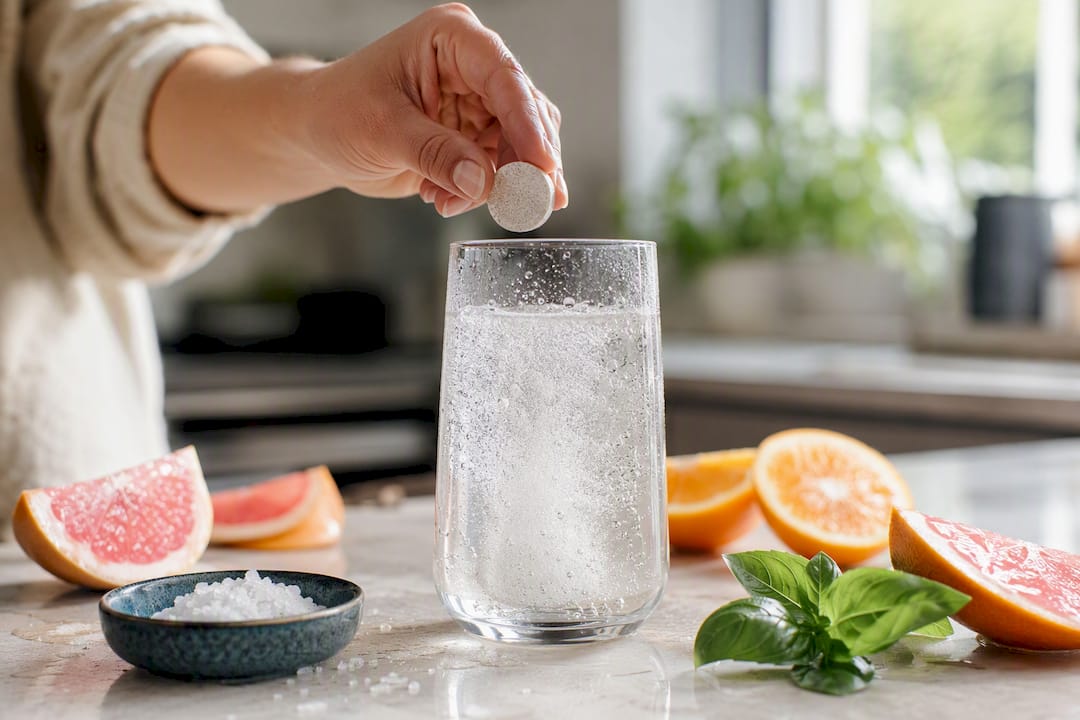 Hand dissolving electrolyte tablet in water with citrus