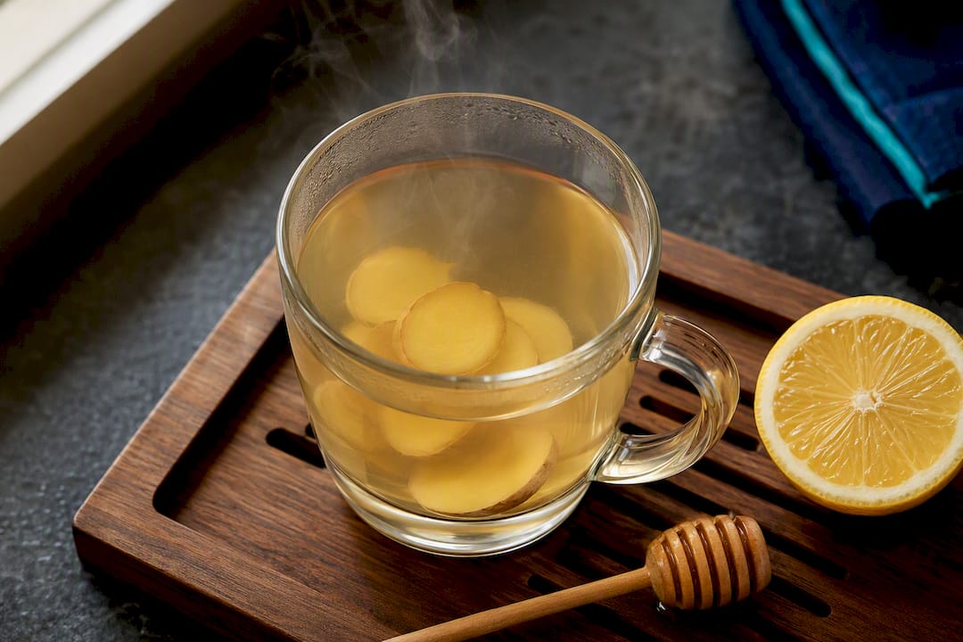 Fresh ginger lemon tea steeping in glass mug
