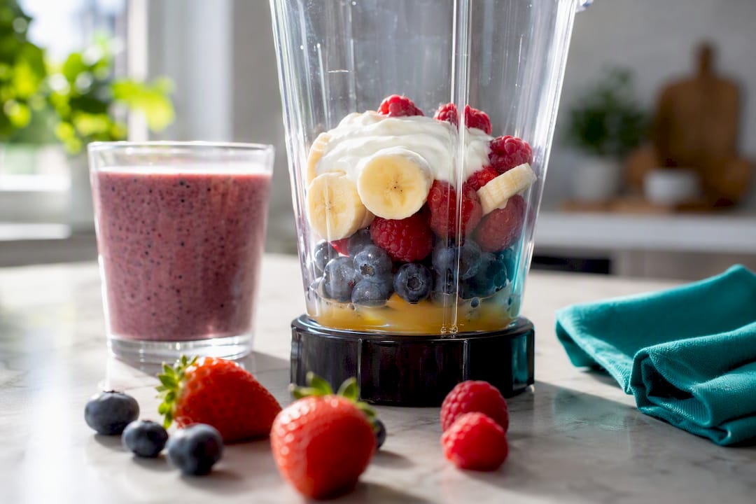 Berry yogurt smoothie with fresh ingredients