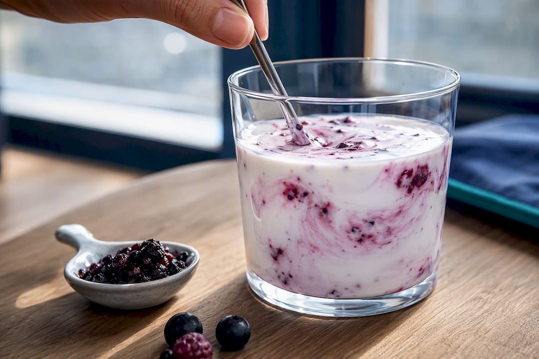 Kefir stirred with berries in clear glass