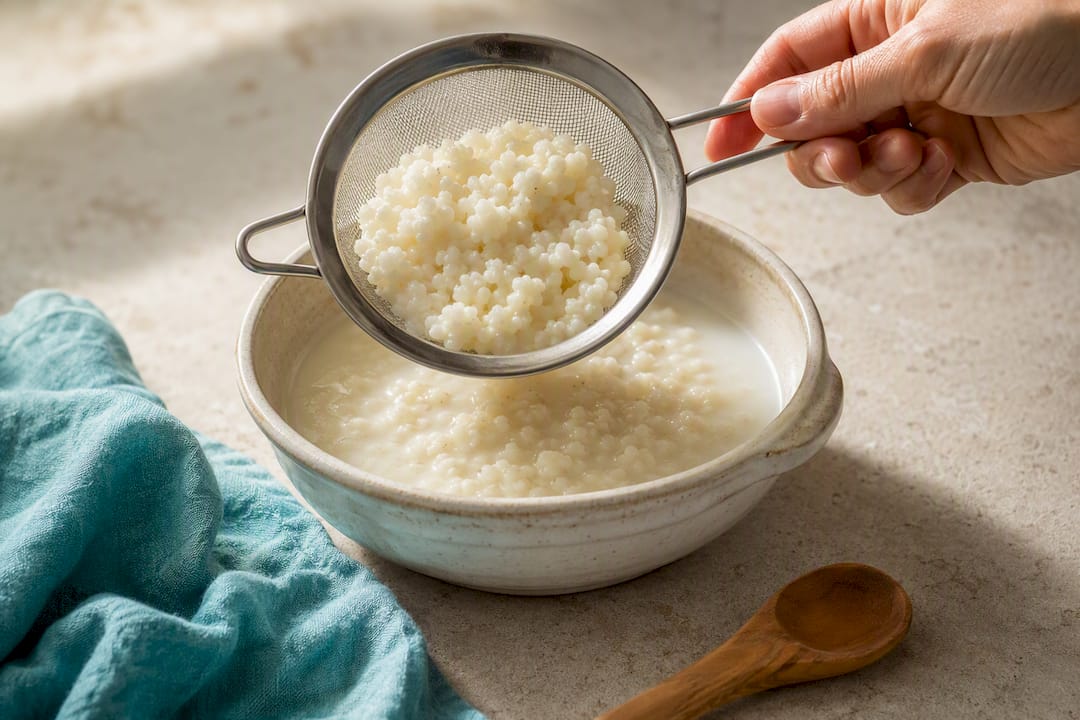 Kefir grains being strained during fermentation
