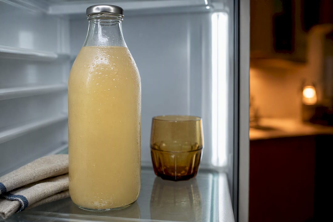 Cloudy ginger beer stored in a refrigerator