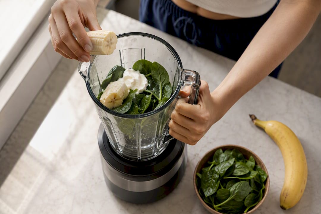Smoothie ingredients with yogurt and spinach