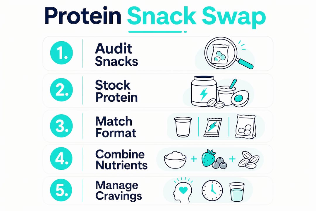 Infographic showing five steps to replace sugary snacks with protein