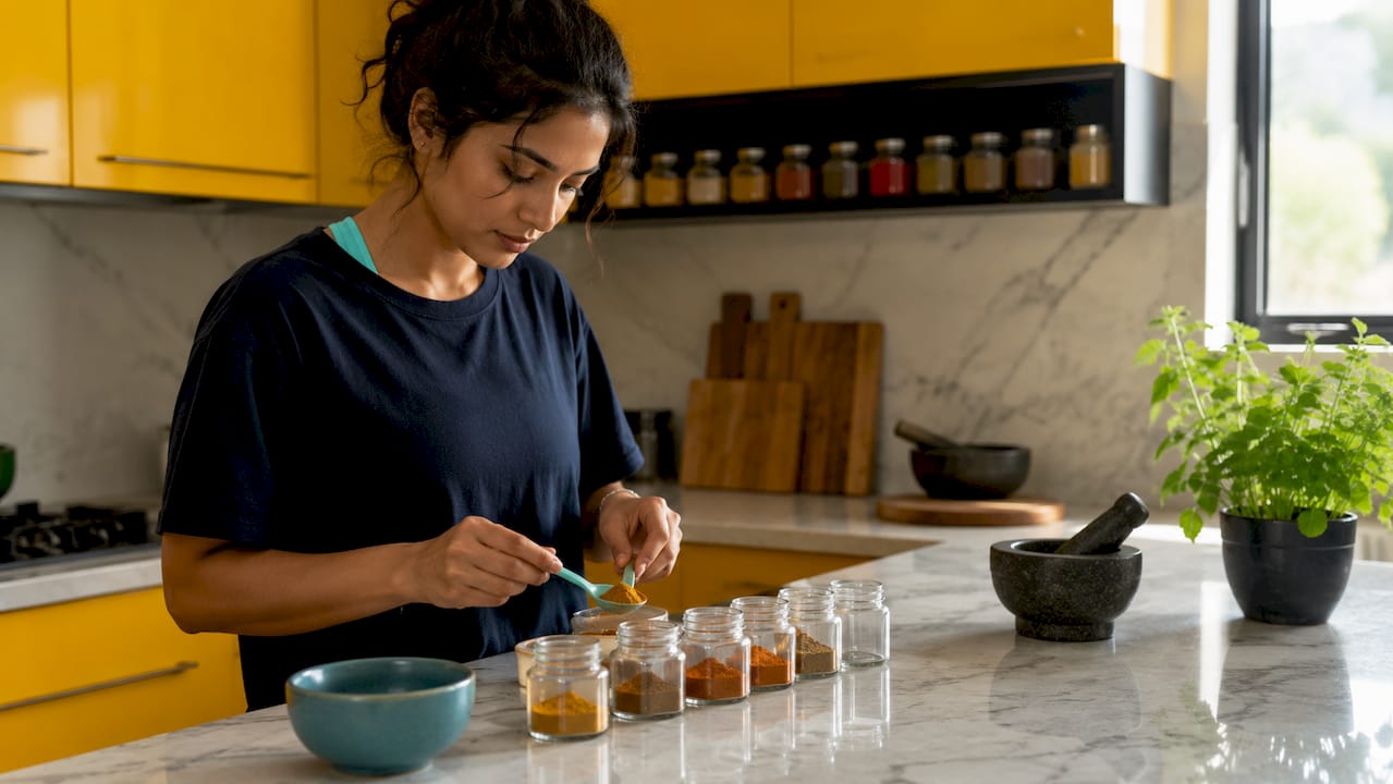 Hands portioning nuts on kitchen counter