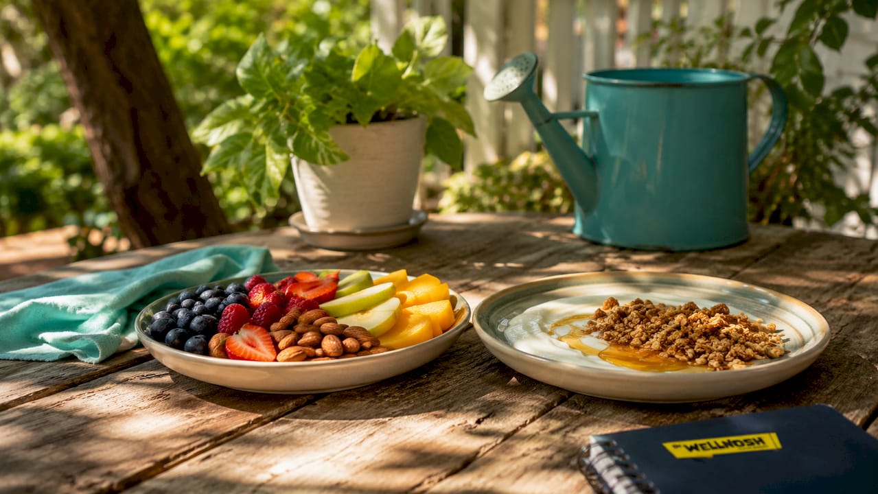 Overhead view of healthy snack options on kitchen table
