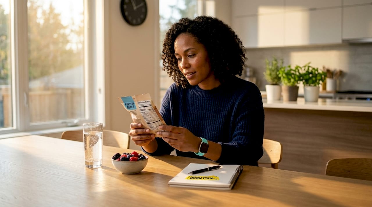 Woman reading protein snack nutrition label