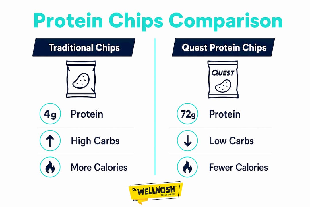 Infographic comparing nutrition of Quest protein chips and traditional chips