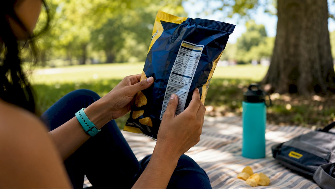 Hands reading protein chips nutrition label