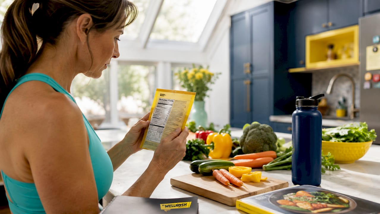 Person reading snack ingredient label closely