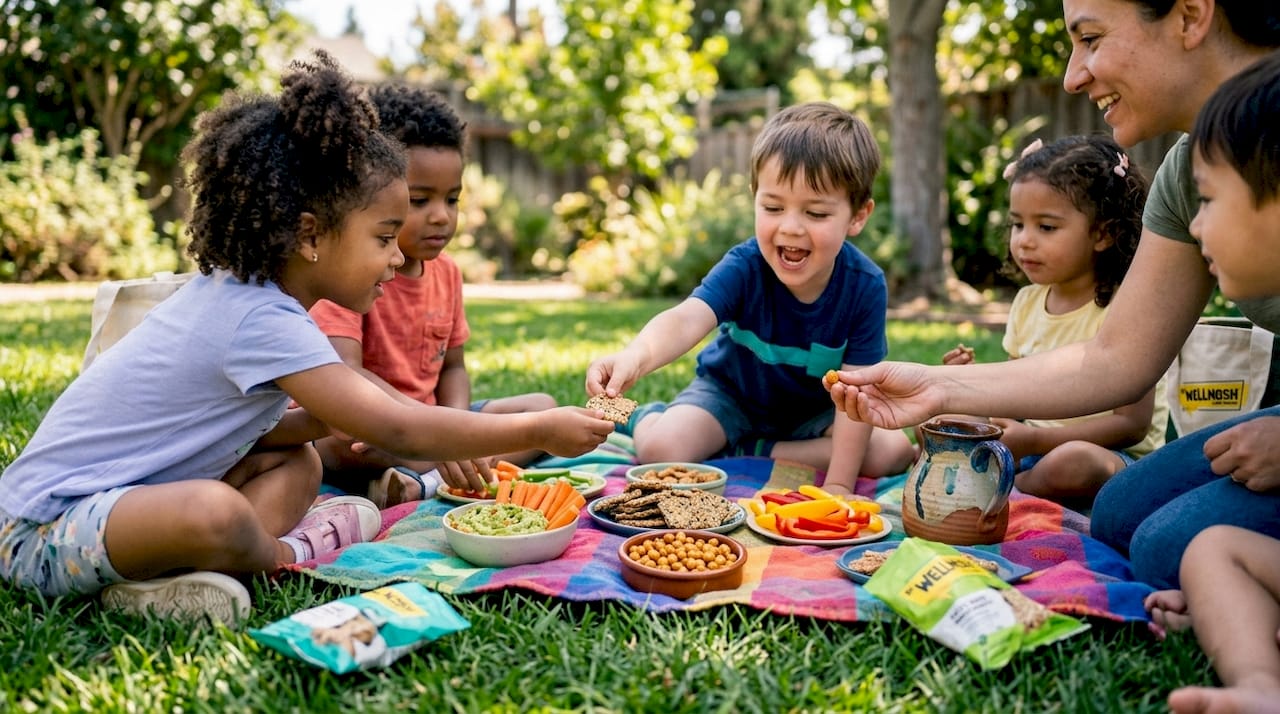 Children enjoying healthy plant-based snacks at table